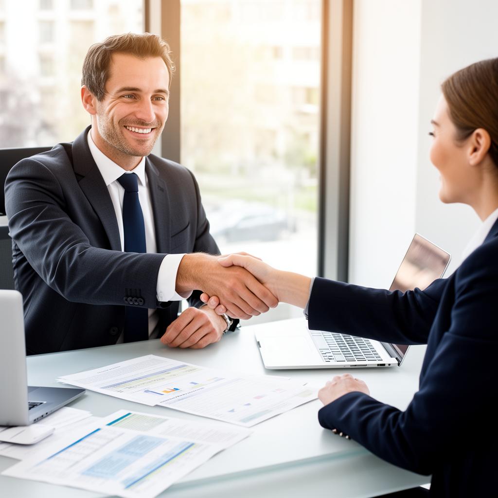 Conseiller fiscal serrant la main d'une cliente dans un bureau moderne