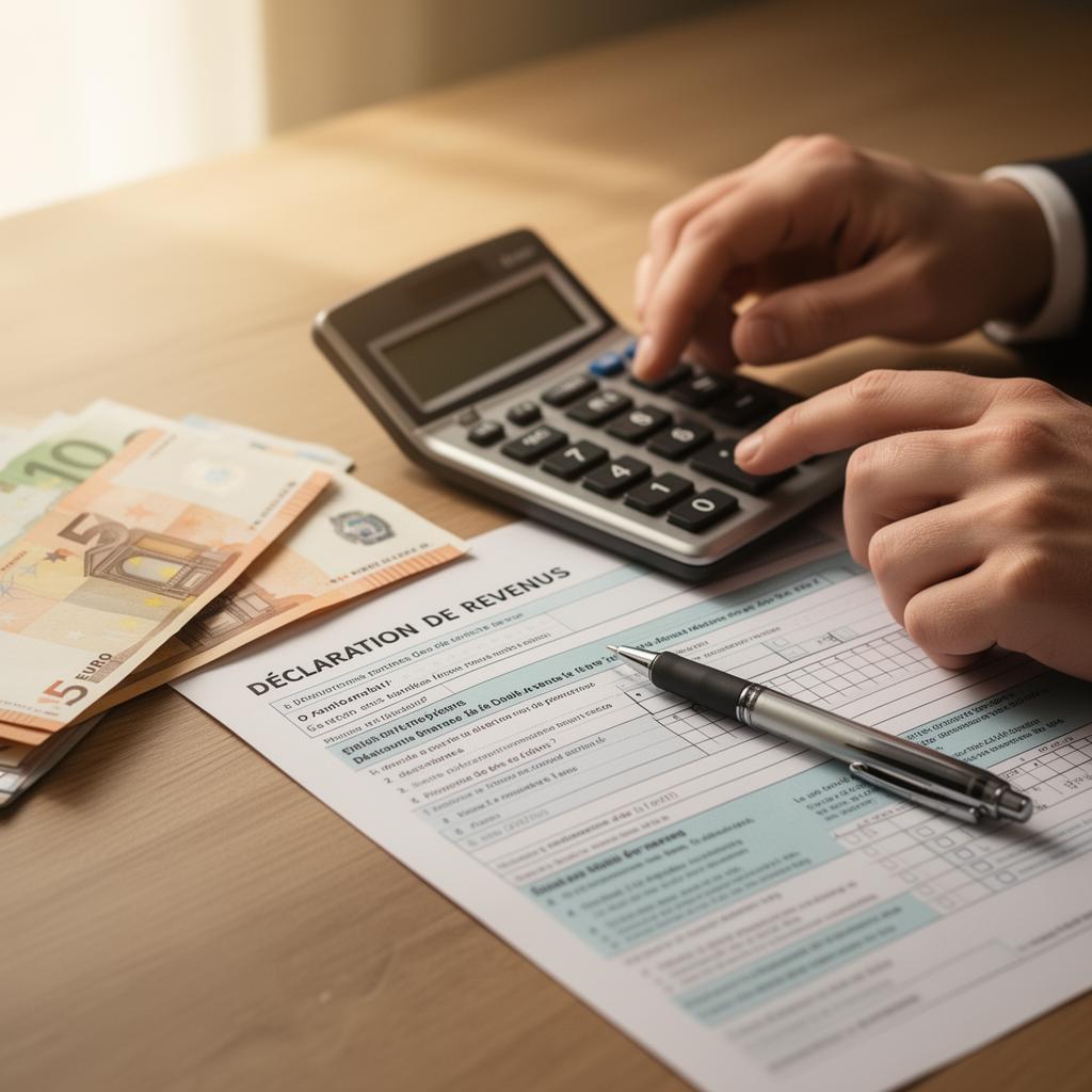 Calculatrice posée sur une déclaration de revenus française avec des billets en euros